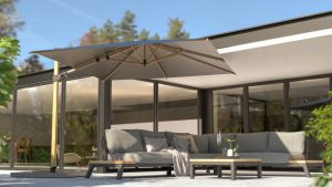 4 Seasons Outdoor Siesta 3m x 3m Square Parasol Woodlook Charcoal inc 125kg Granite Base with Wheels | Shackletons