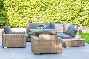 4 Seasons Outdoor Kingston Full Teak Corner Set with 90cm Hi Lo Denver Table and 2 Armchairs | Shackletons