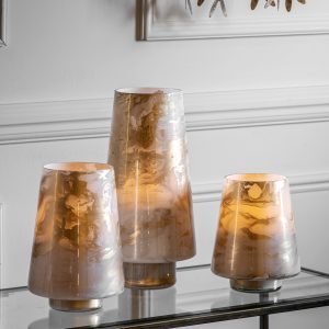 Gallery Direct Marbled Hurricane Medium Gold White Candle Holder | Shackletons