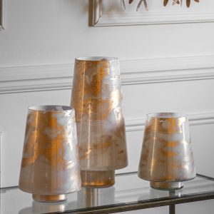 Gallery Direct Marbled Hurricane Medium Gold White Candle Holder | Shackletons